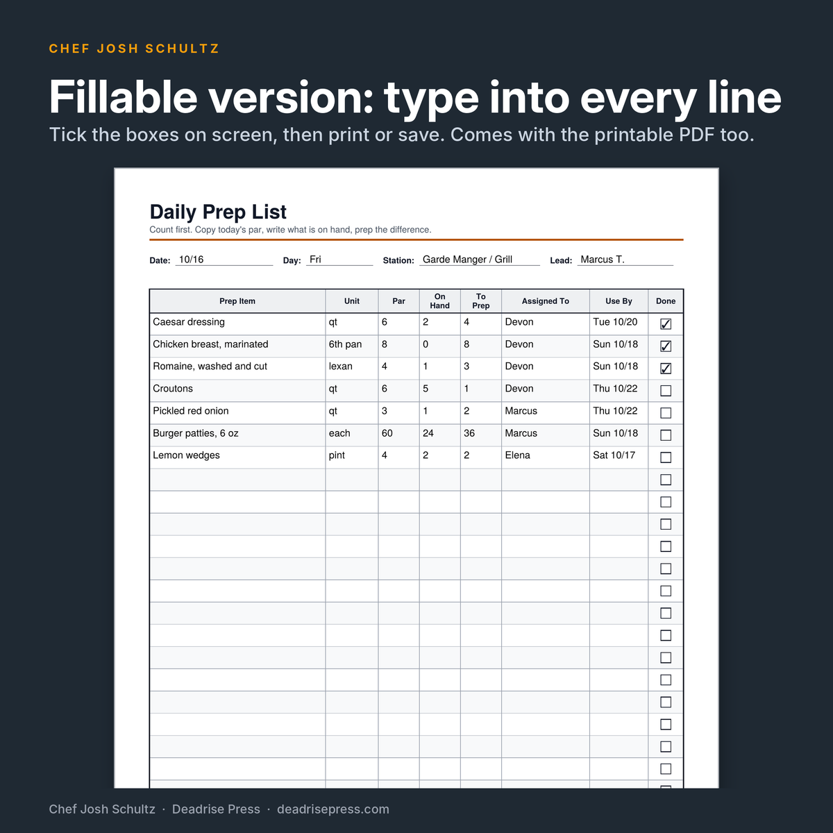Prep List Pack: Restaurant Prep Sheets