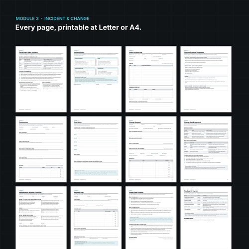 Inside pages: major incident log, postmortem and change request templates