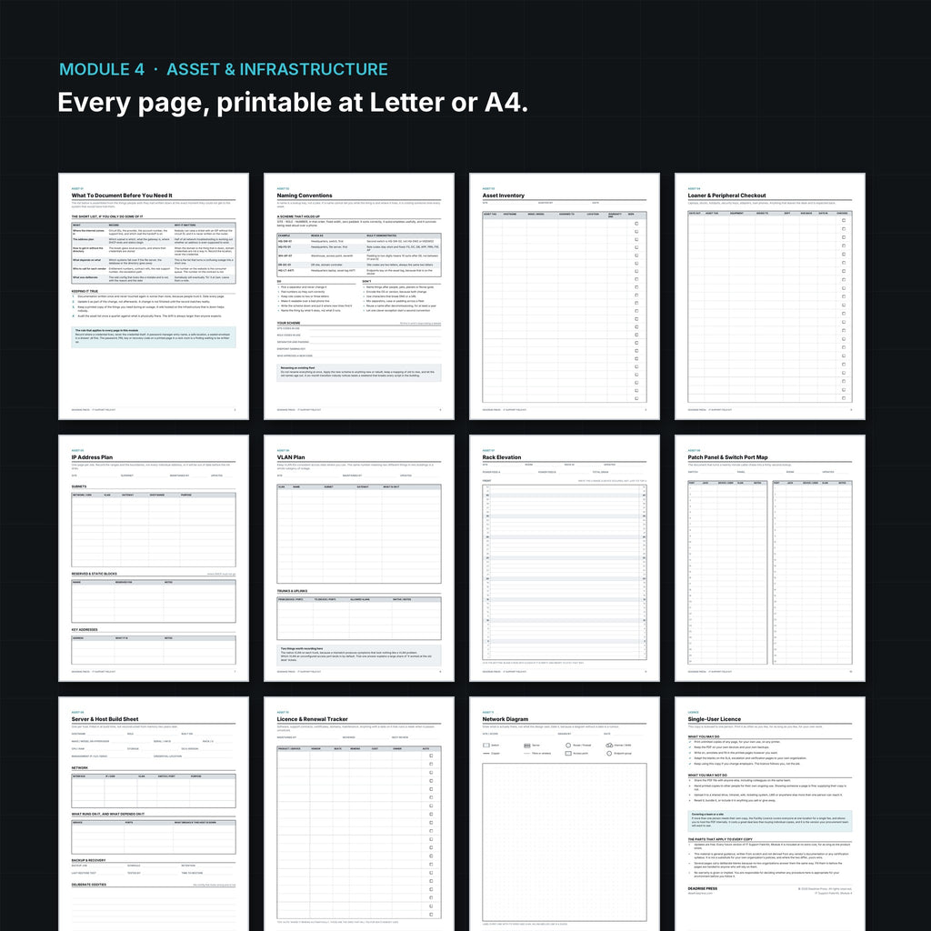 Inside pages: IP address plan, 42U rack elevation and asset inventory