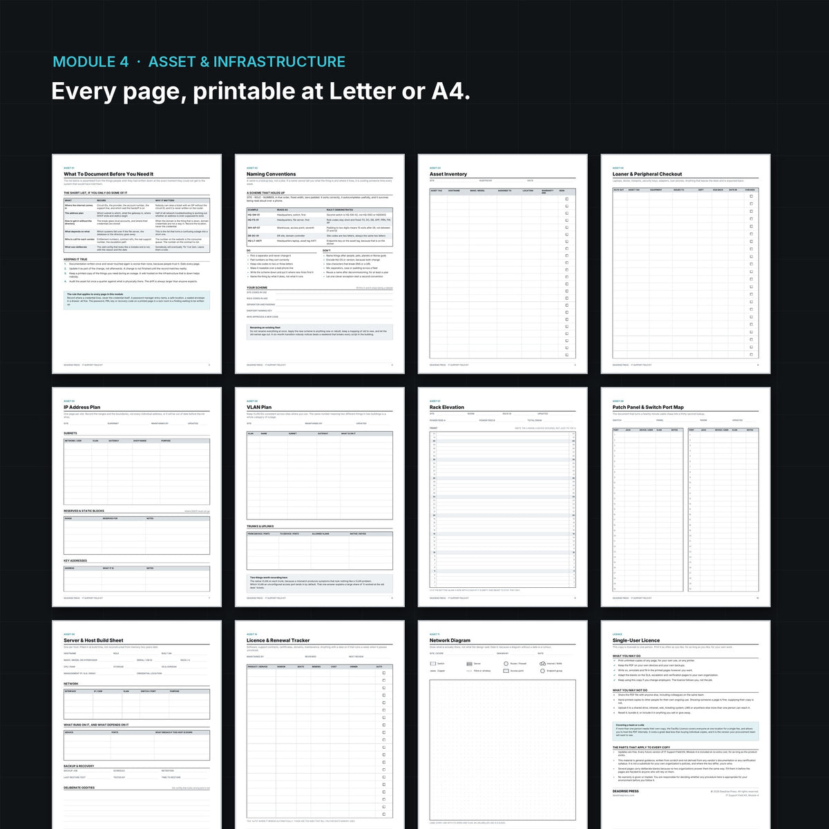 Inside pages: IP address plan, 42U rack elevation and asset inventory