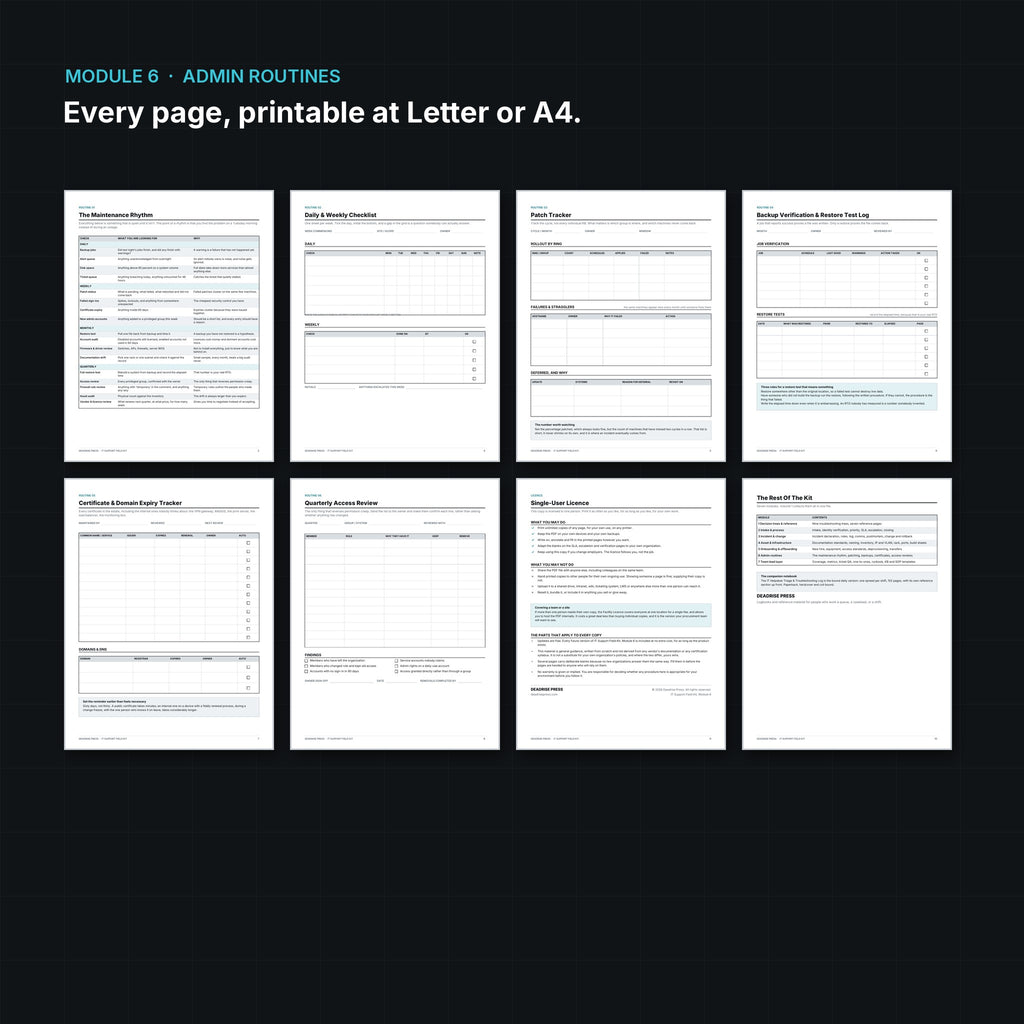 Inside pages: patch tracker, backup restore test log and certificate expiry tracker